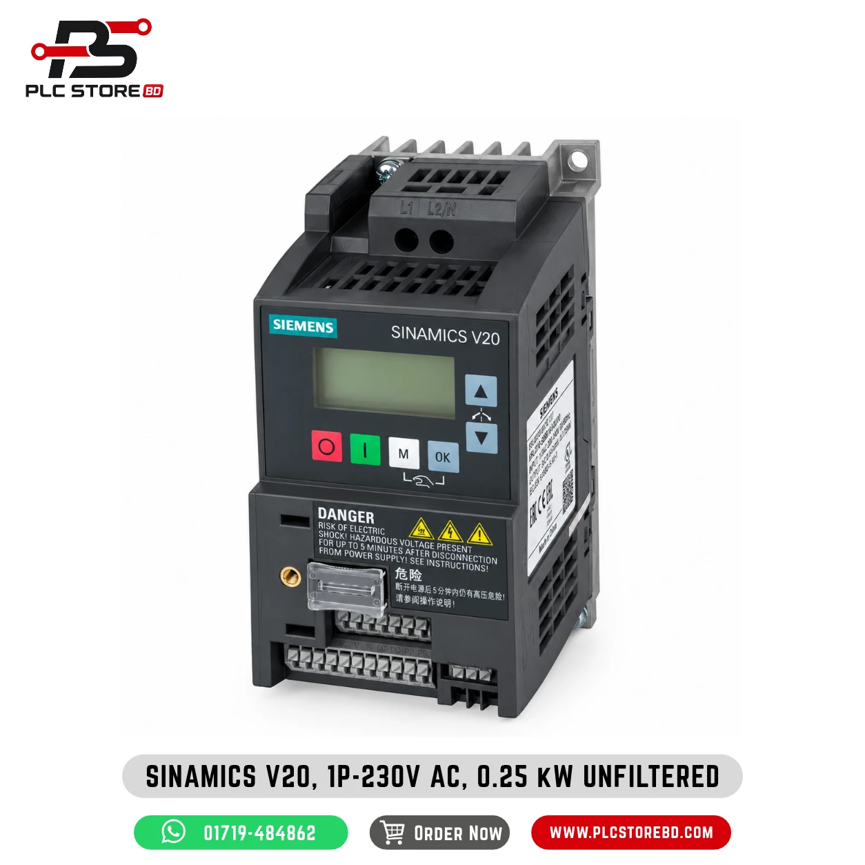 6sl3210-5bb12-5uv1-siemens-sinamics-v20-vfd.jpg 6SL3210-5BB12-5UV1 Siemens SINAMICS V20 0.25 kW single-phase-input unfiltered VFD