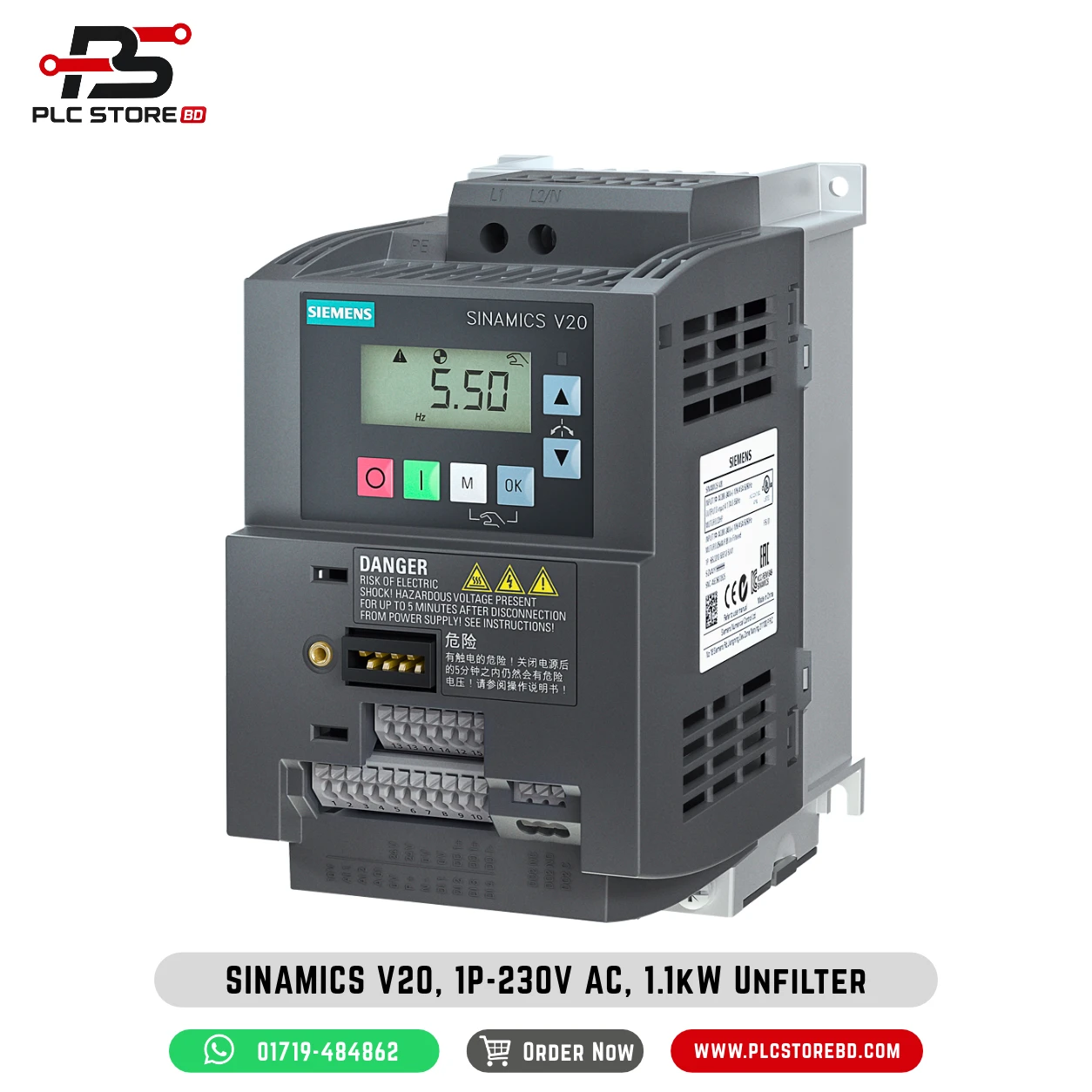 6sl3210-5bb21-1uv1-siemens-sinamics-v20-vfd.jpg 6SL3210-5BB21-1UV1 Siemens SINAMICS V20 1.1 kW single-phase 200–240 V AC unfiltered VFD