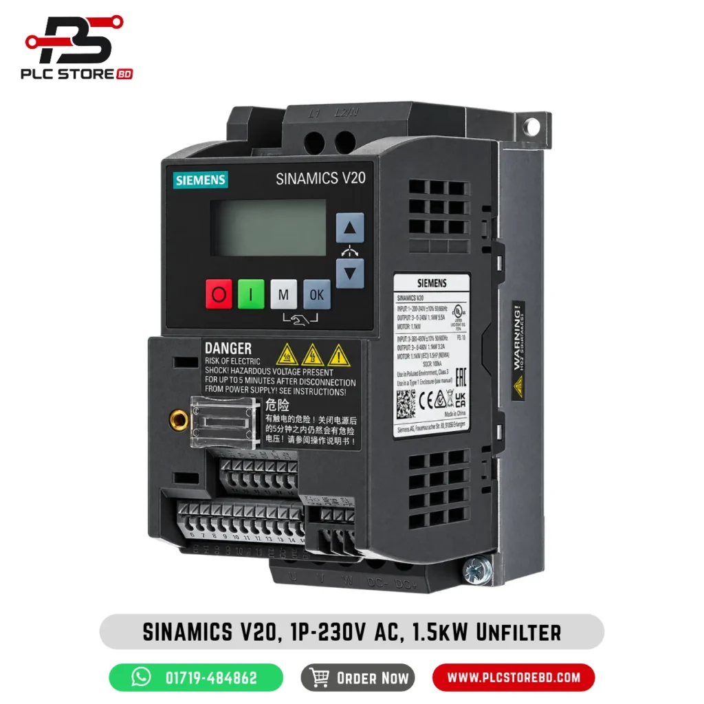6SL3210-5BB21-5UV1 Siemens SINAMICS V20 1.5 kW single-phase 200–240 V AC unfiltered VFD